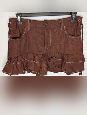FN Womens XS Ruffle Mini Skirt Chocolate Brown y2k Mcbling Cowgirl Linen Blend
